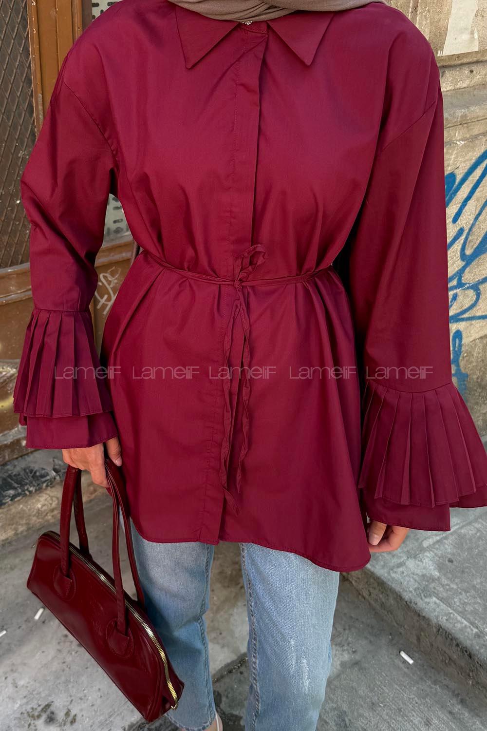 lamelif Piliseli Uzun Gömlek Bordo