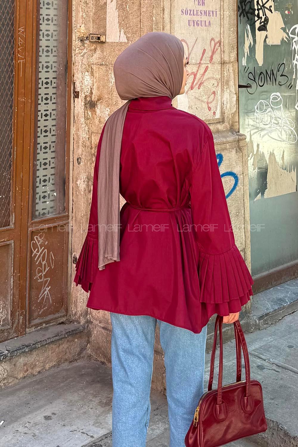 lamelif Piliseli Uzun Gömlek Bordo