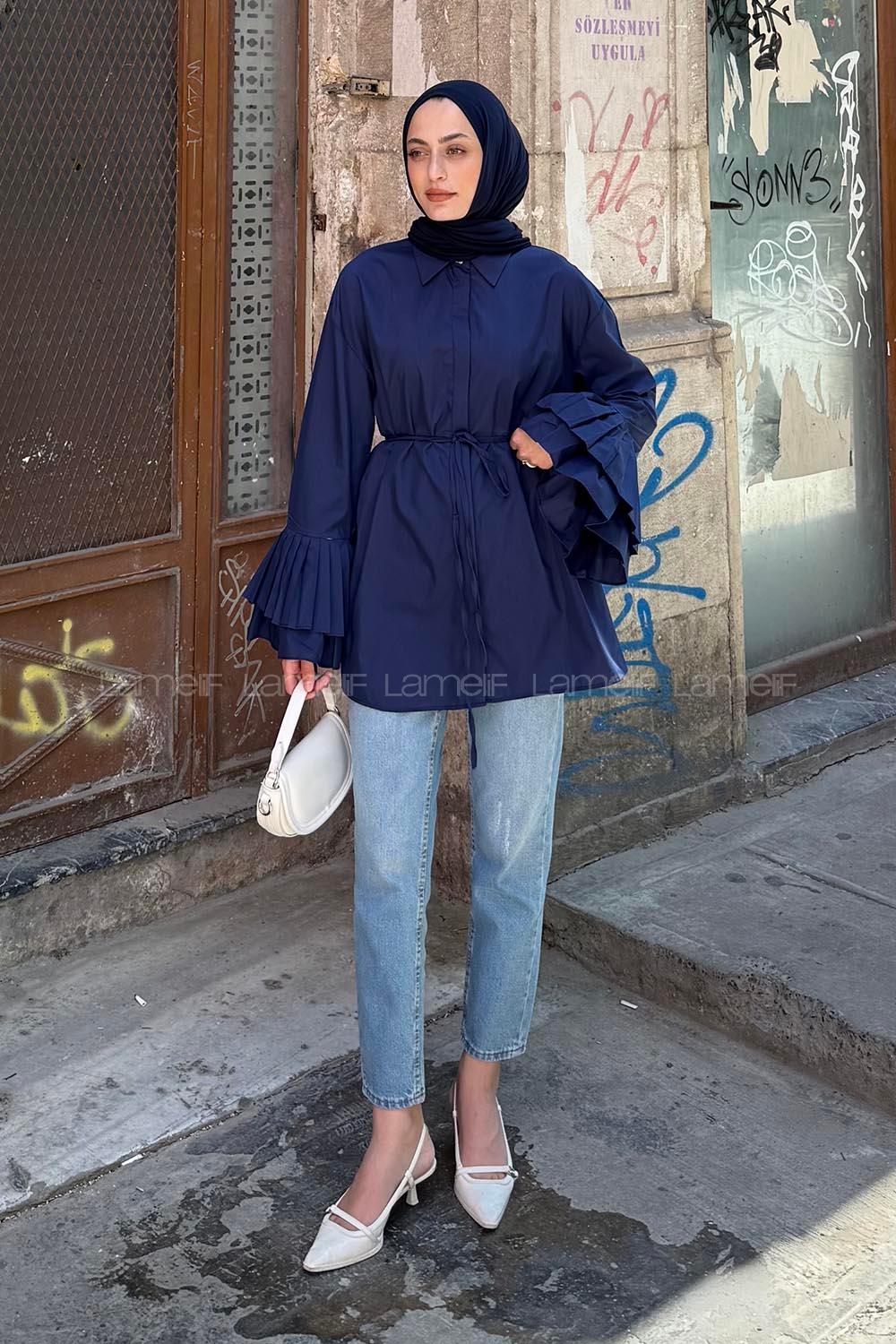 lamelif Piliseli Uzun Gömlek Lacivert