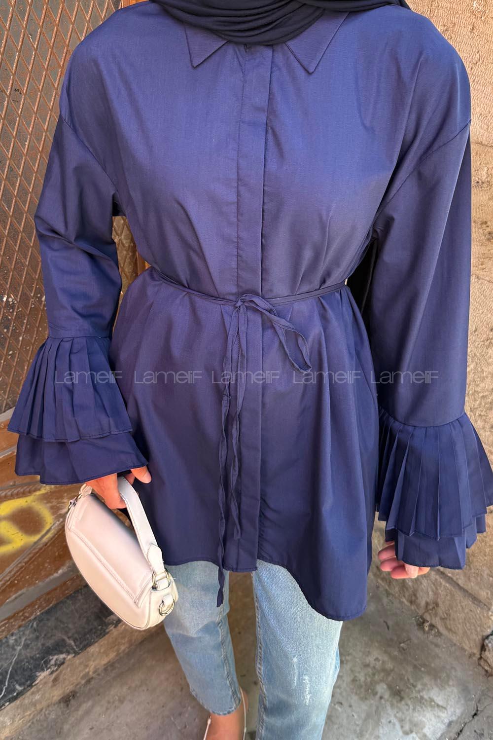 lamelif Piliseli Uzun Gömlek Lacivert