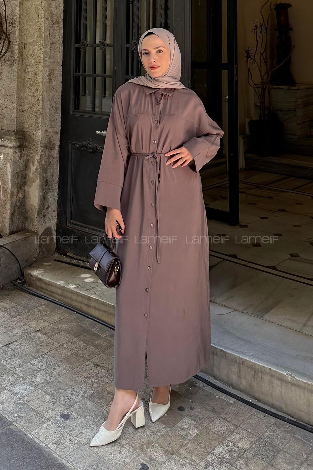 Lamelif Roba Detaylı Tesettür Elbise Kahve