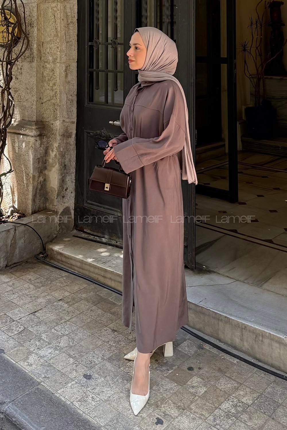 Lamelif Roba Detaylı Tesettür Elbise Kahve