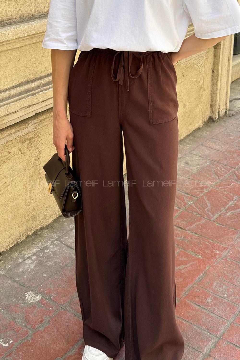 Lamelif Yüksek Bel Keten Pantolon Acı Kahve