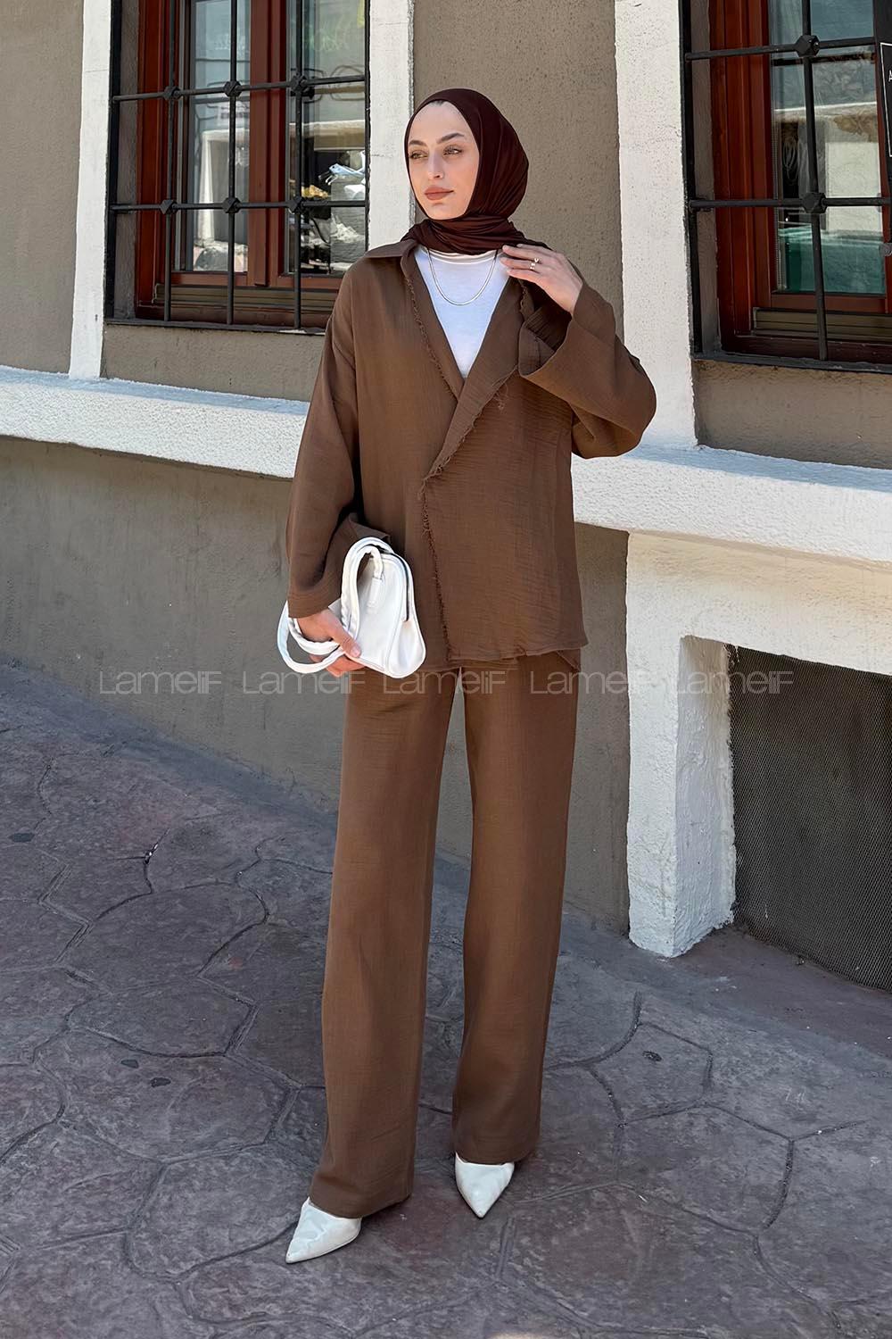 Lamelif Düğmeli Tesettür Kimono Takım Acı Kahve