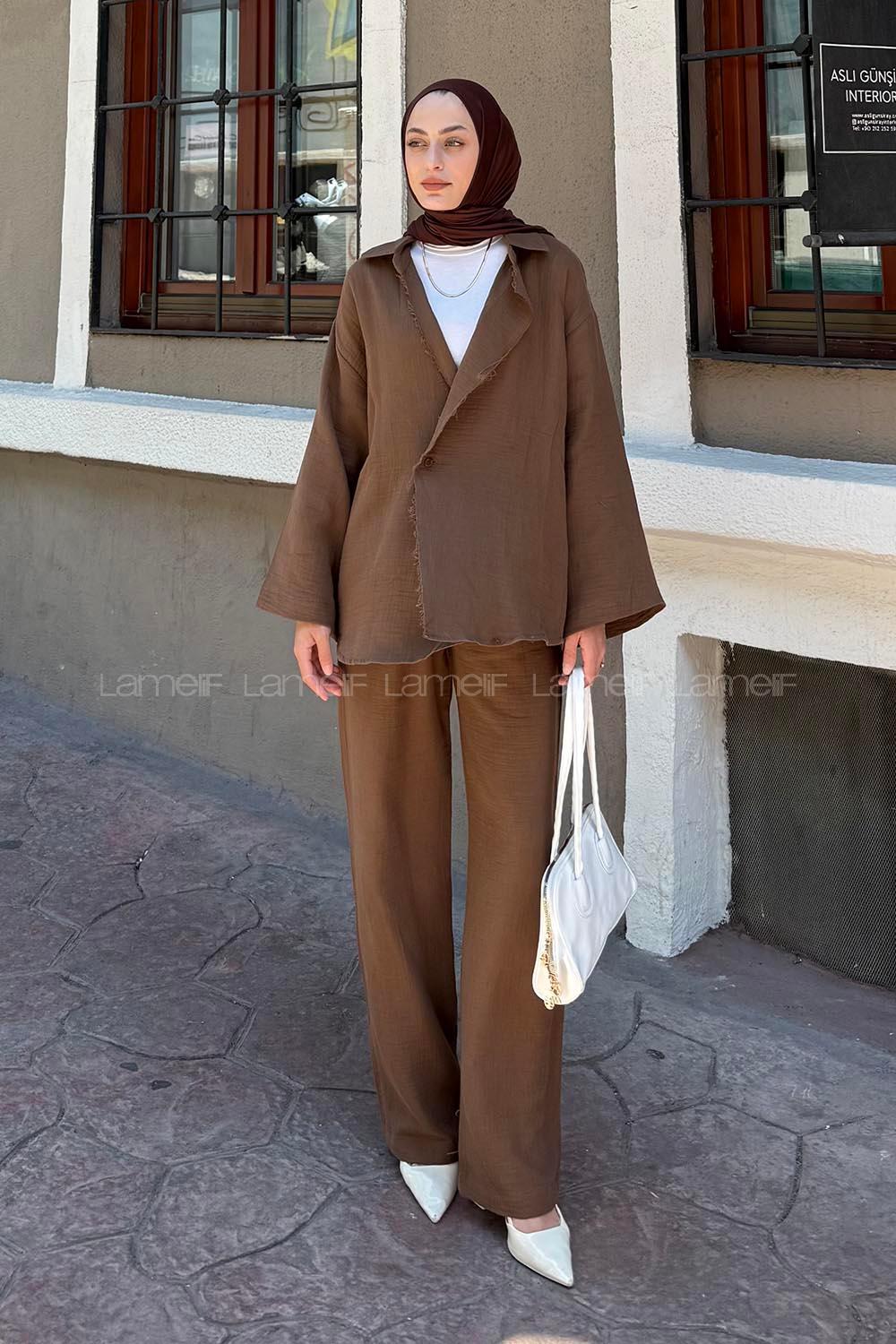 Lamelif Düğmeli Tesettür Kimono Takım Acı Kahve