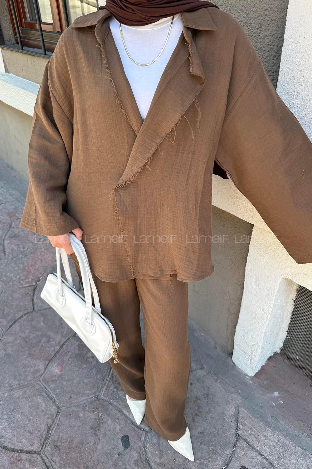 Lamelif Düğmeli Tesettür Kimono Takım Acı Kahve