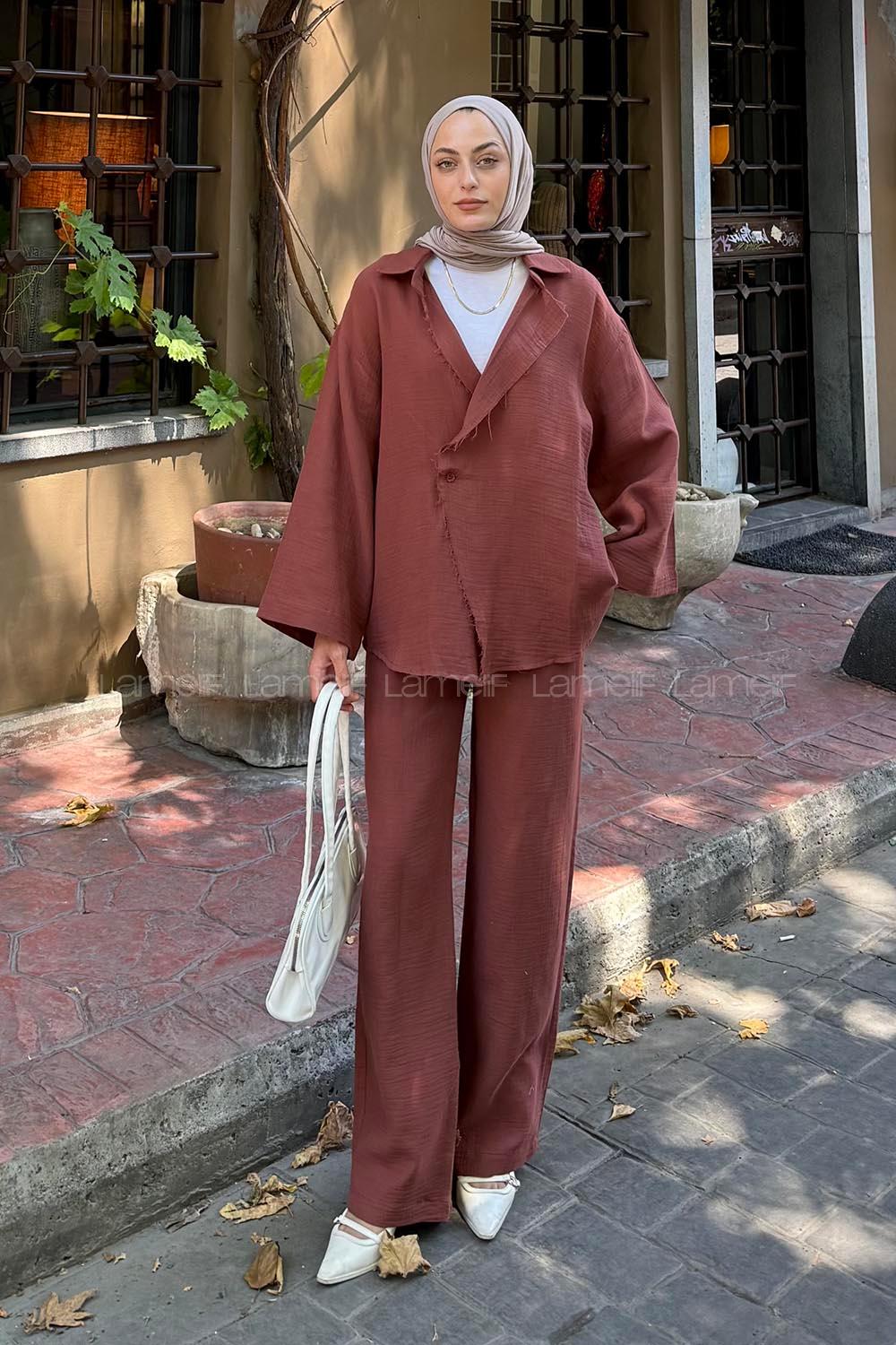 Lamelif Düğmeli Tesettür Kimono Takım Kiremit