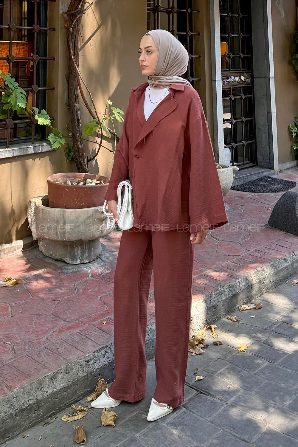 Lamelif Düğmeli Tesettür Kimono Takım Kiremit