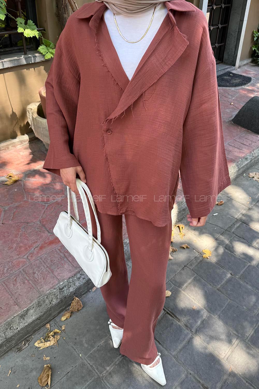 Lamelif Düğmeli Tesettür Kimono Takım Kiremit