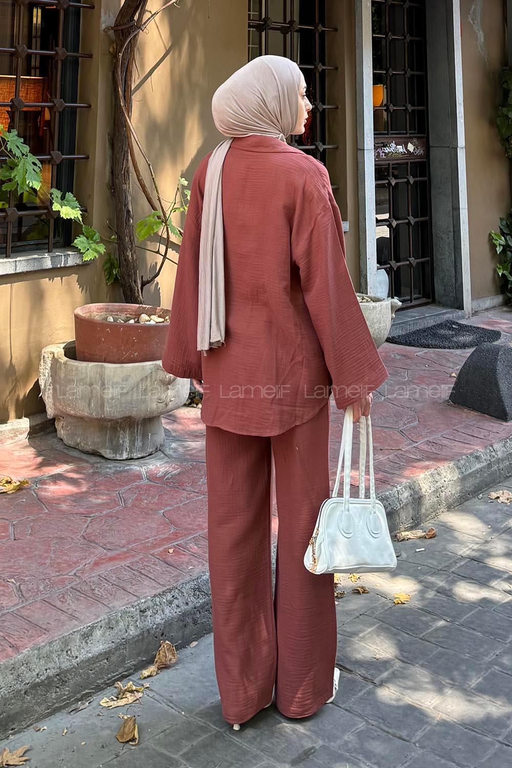 Lamelif Düğmeli Tesettür Kimono Takım Kiremit