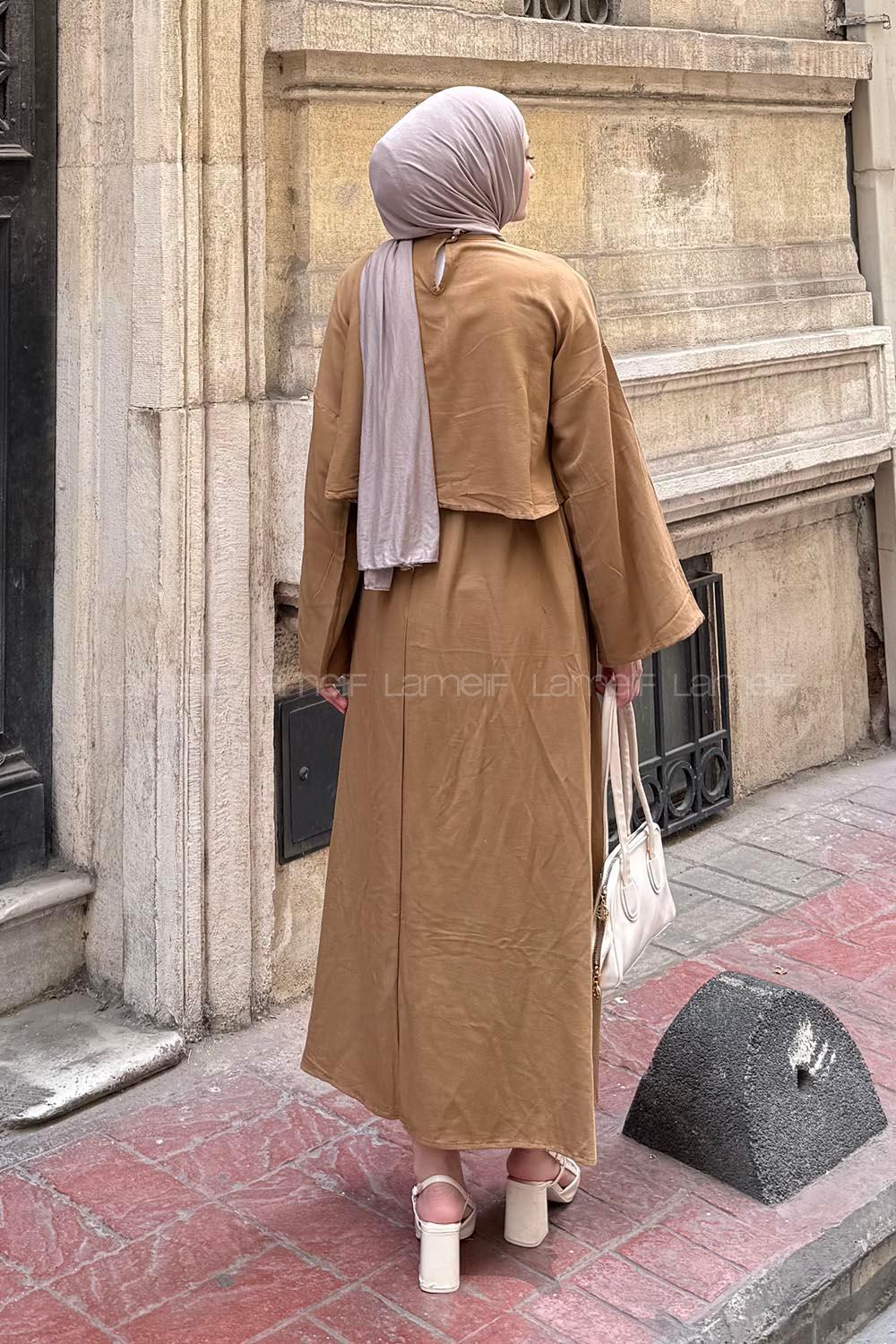 Lamelif Etekli Tesettür Takım Camel