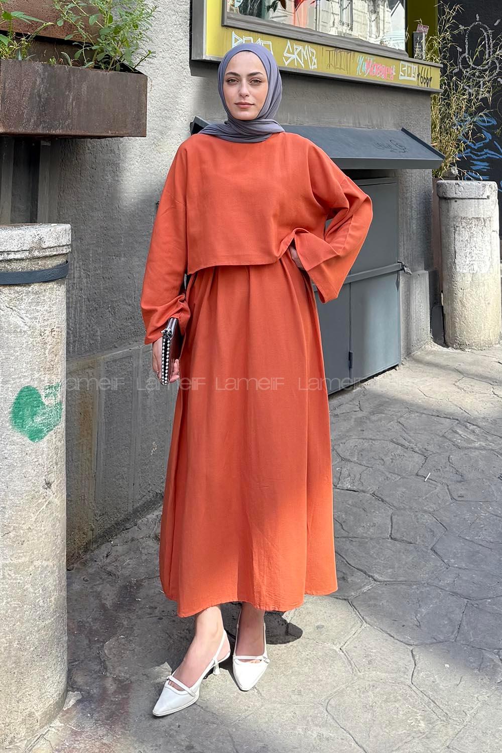 Lamelif Etekli Tesettür Takım Kiremit