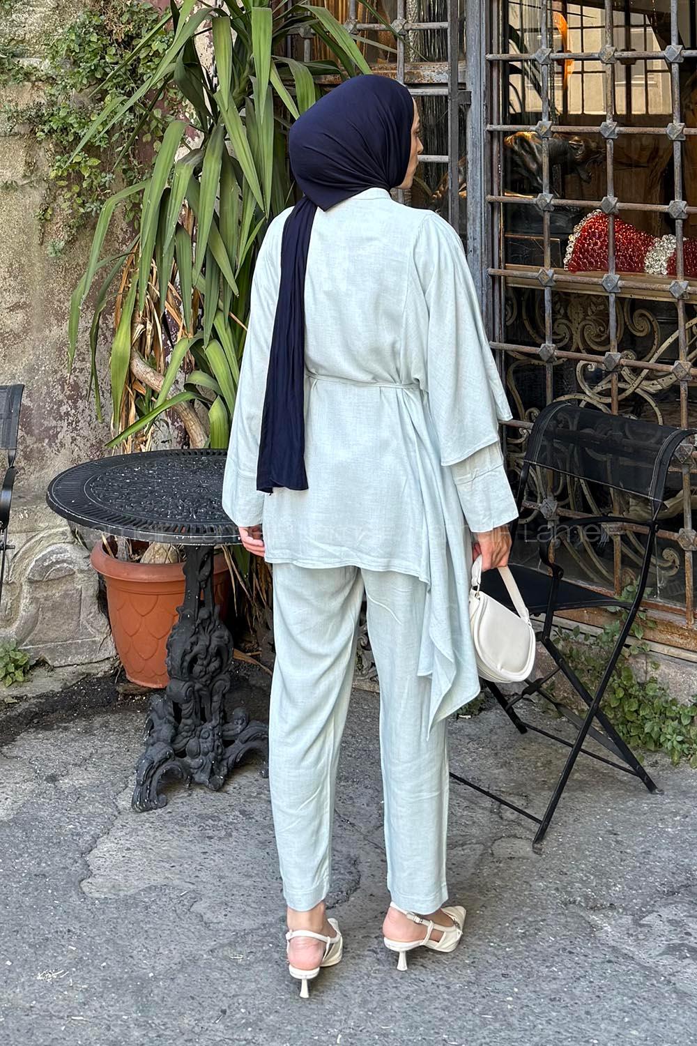 Lamelif Volanlı Kimono Takım Buz Mavisi