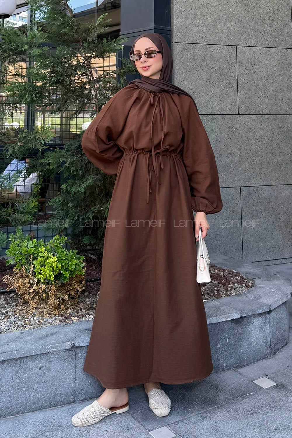 Bitter Brown Loose Crew Neck Linen Dresess