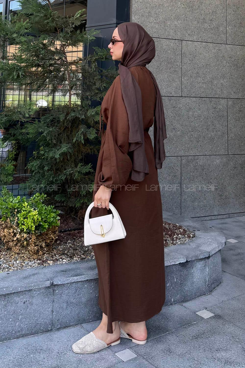 Bitter Brown Loose Crew Neck Linen Dresess