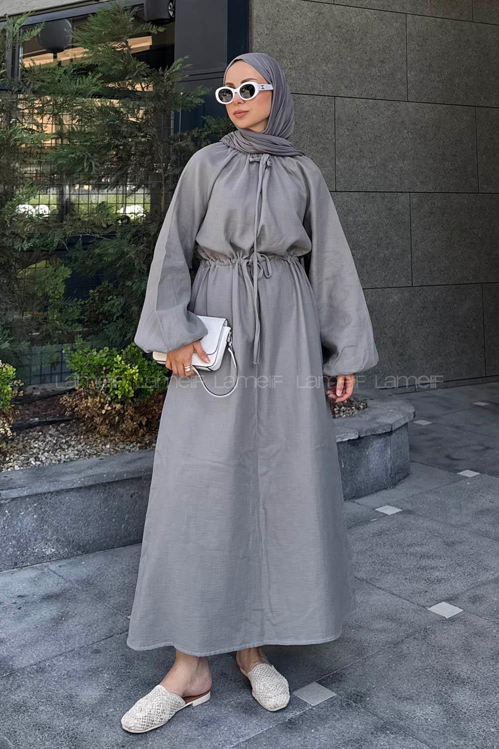 Lamelif Balon Kol Bağlamalı Tesettür Elbise Gri