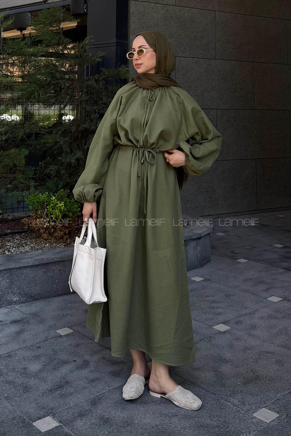 Khaki Loose Crew Neck Linen Dresess