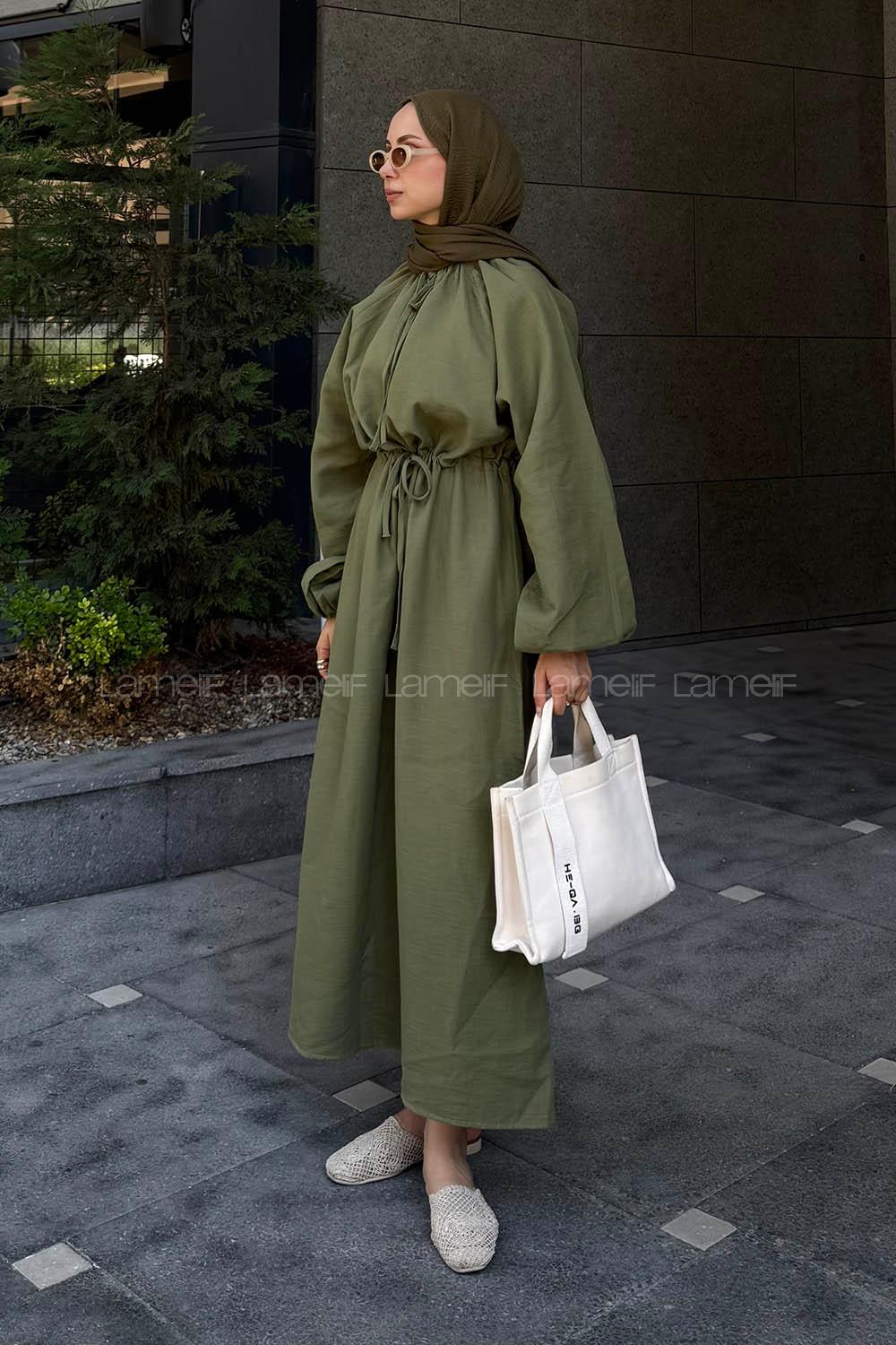 Khaki Loose Crew Neck Linen Dresess