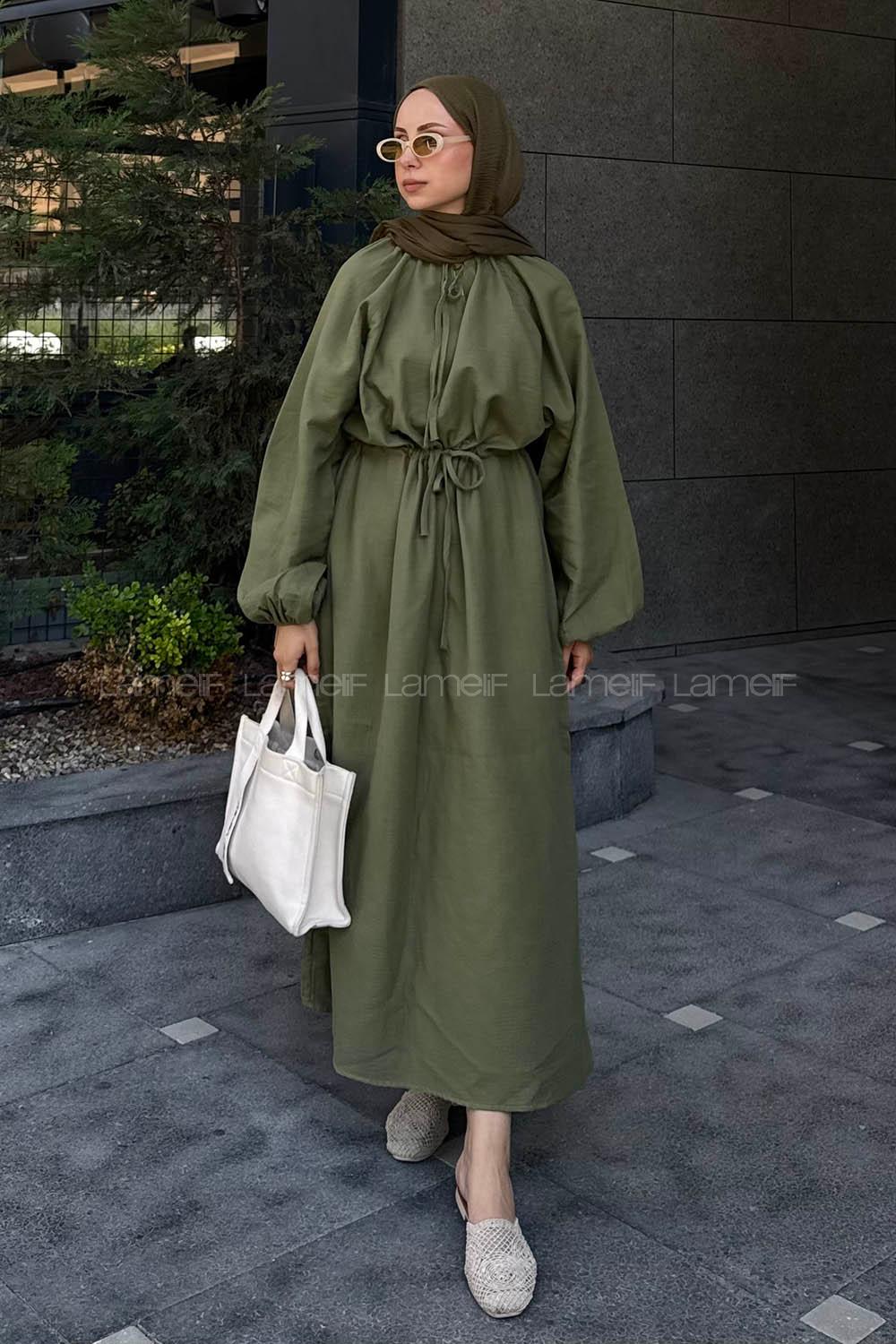 Khaki Loose Crew Neck Linen Dresess