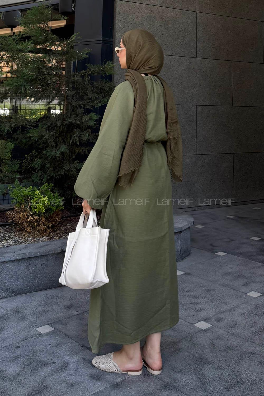 Khaki Loose Crew Neck Linen Dresess
