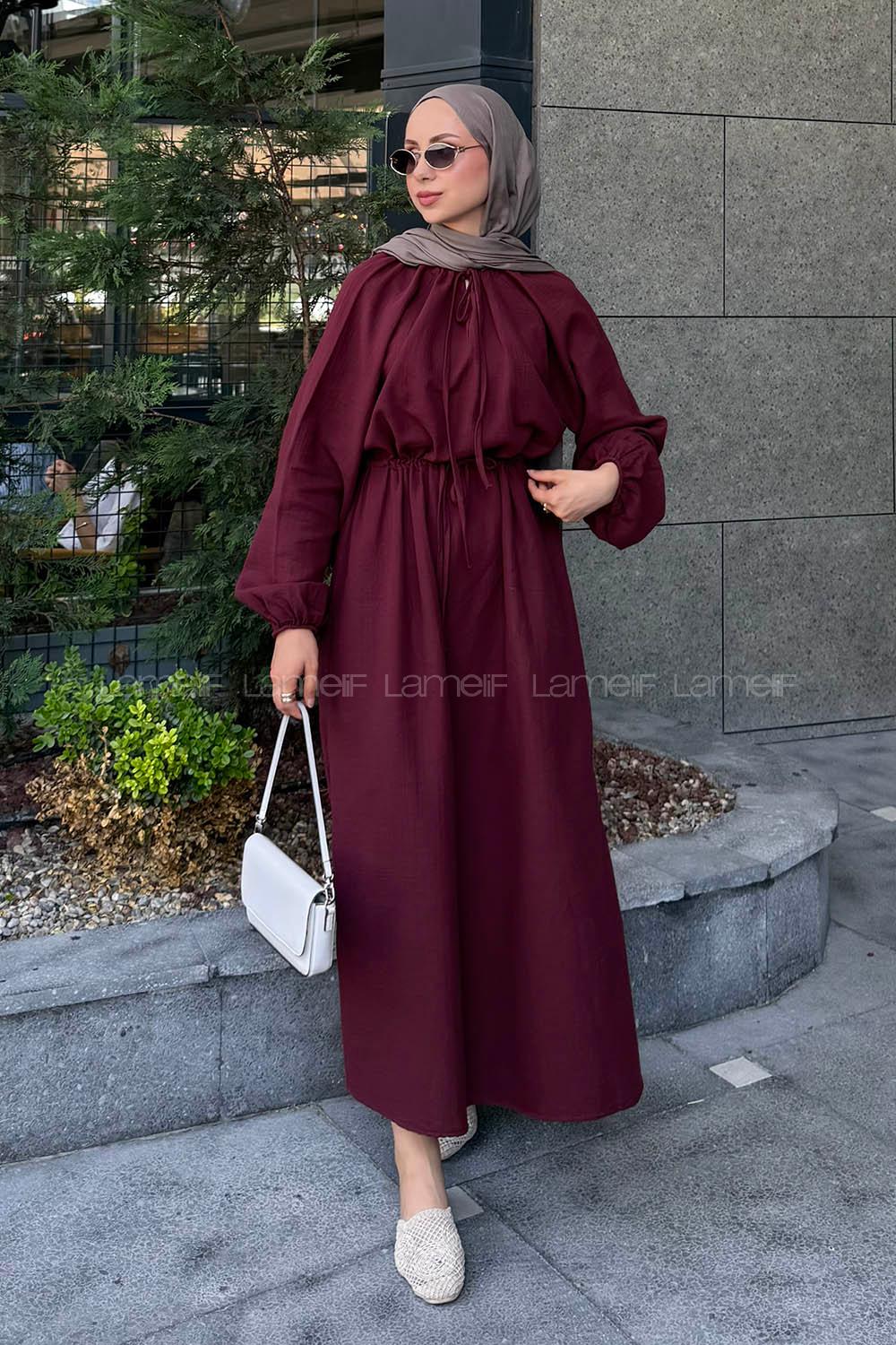 Lamelif Balon Kol Bağlamalı Tesettür Elbise Mürdüm