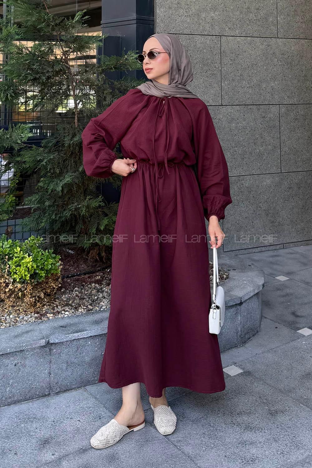 Lamelif Balon Kol Bağlamalı Tesettür Elbise Mürdüm
