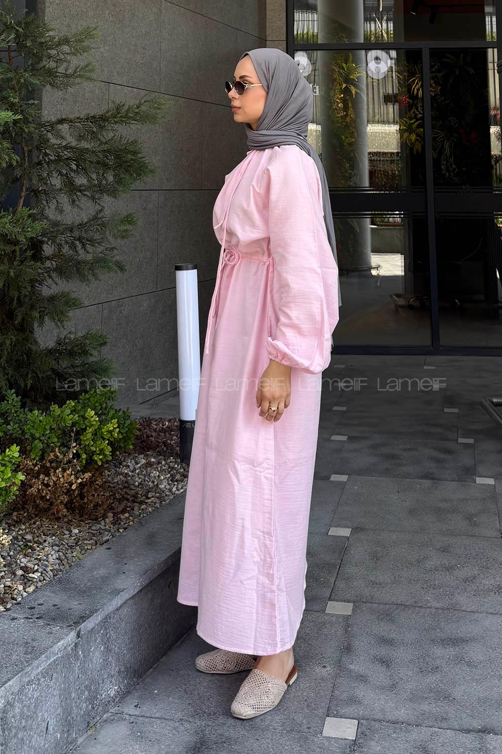 Lamelif Balon Kol Bağlamalı Tesettür Elbise Şeker Pembesi