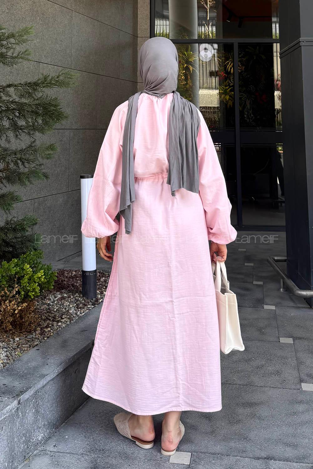 Lamelif Balon Kol Bağlamalı Tesettür Elbise Şeker Pembesi