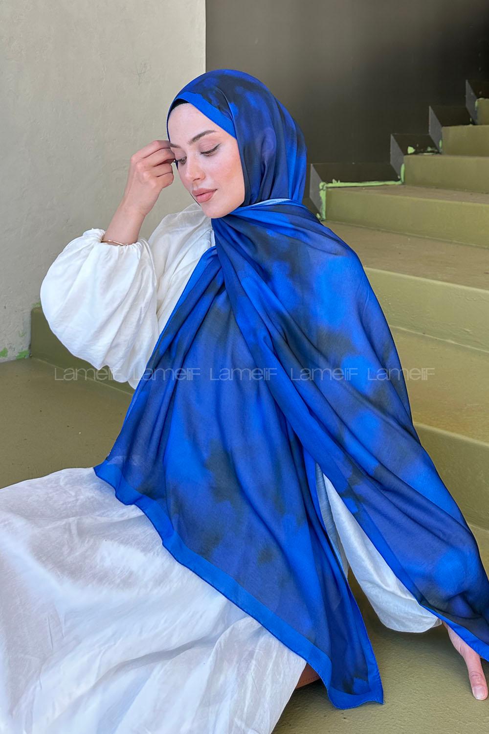 Lamelif Batik Desen Soft Şal Saks Mavisi