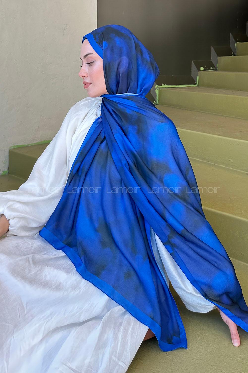 Lamelif Batik Desen Soft Şal Saks Mavisi