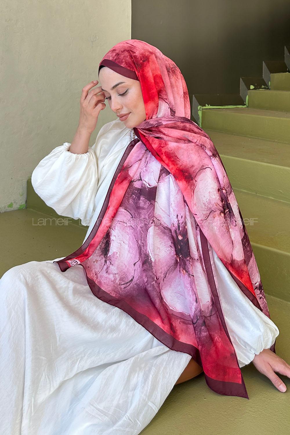 Lamelif Bohem Çiçek Desen Soft Şal Bordo