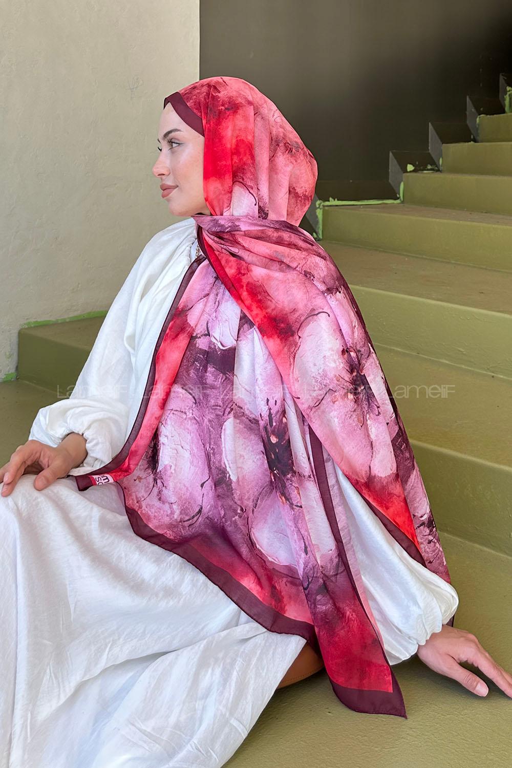 Lamelif Bohem Çiçek Desen Soft Şal Bordo