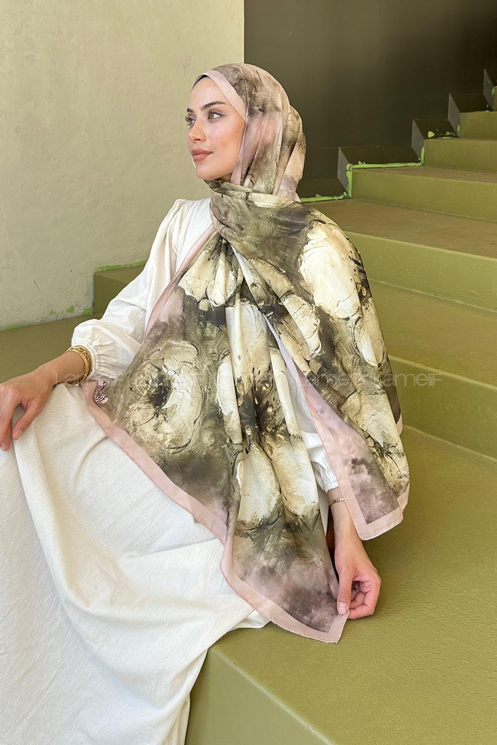 Lamelif Bohem Çiçek Desen Soft Şal Camel