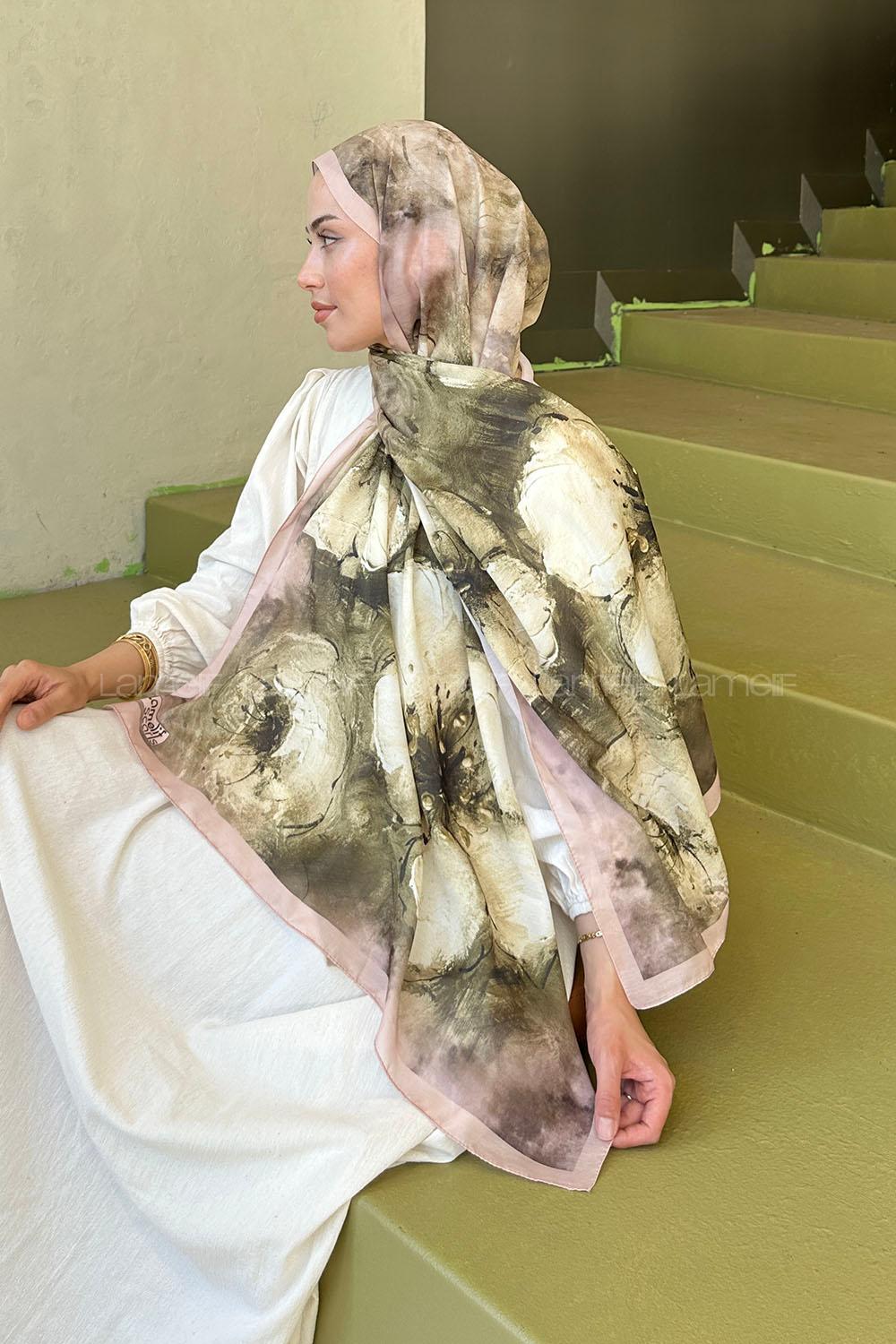 Lamelif Bohem Çiçek Desen Soft Şal Camel