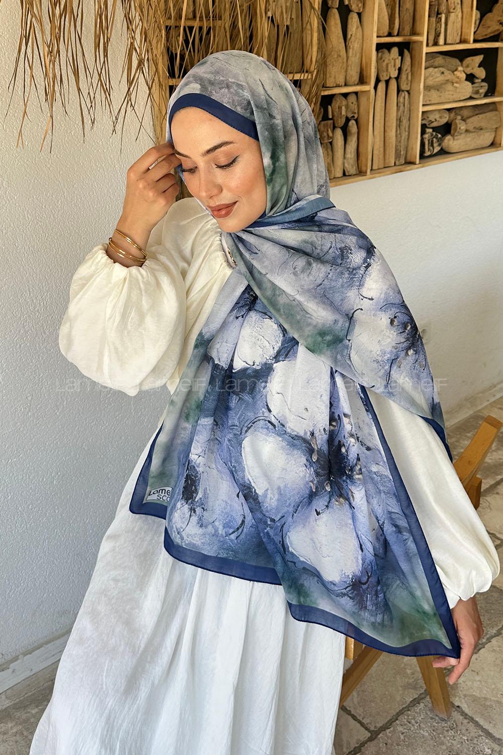 Lamelif Bohem Çiçek Desen Soft Şal Gece Mavisi