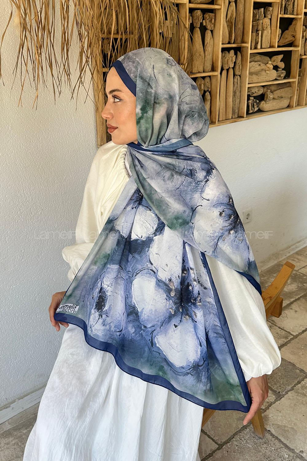 Lamelif Bohem Çiçek Desen Soft Şal Gece Mavisi