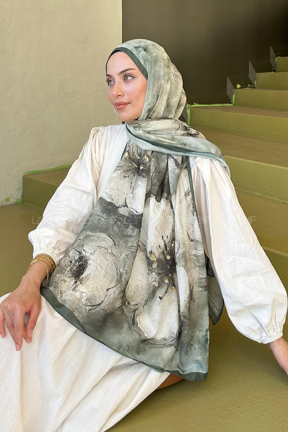 Lamelif Bohem Çiçek Desen Soft Şal Haki