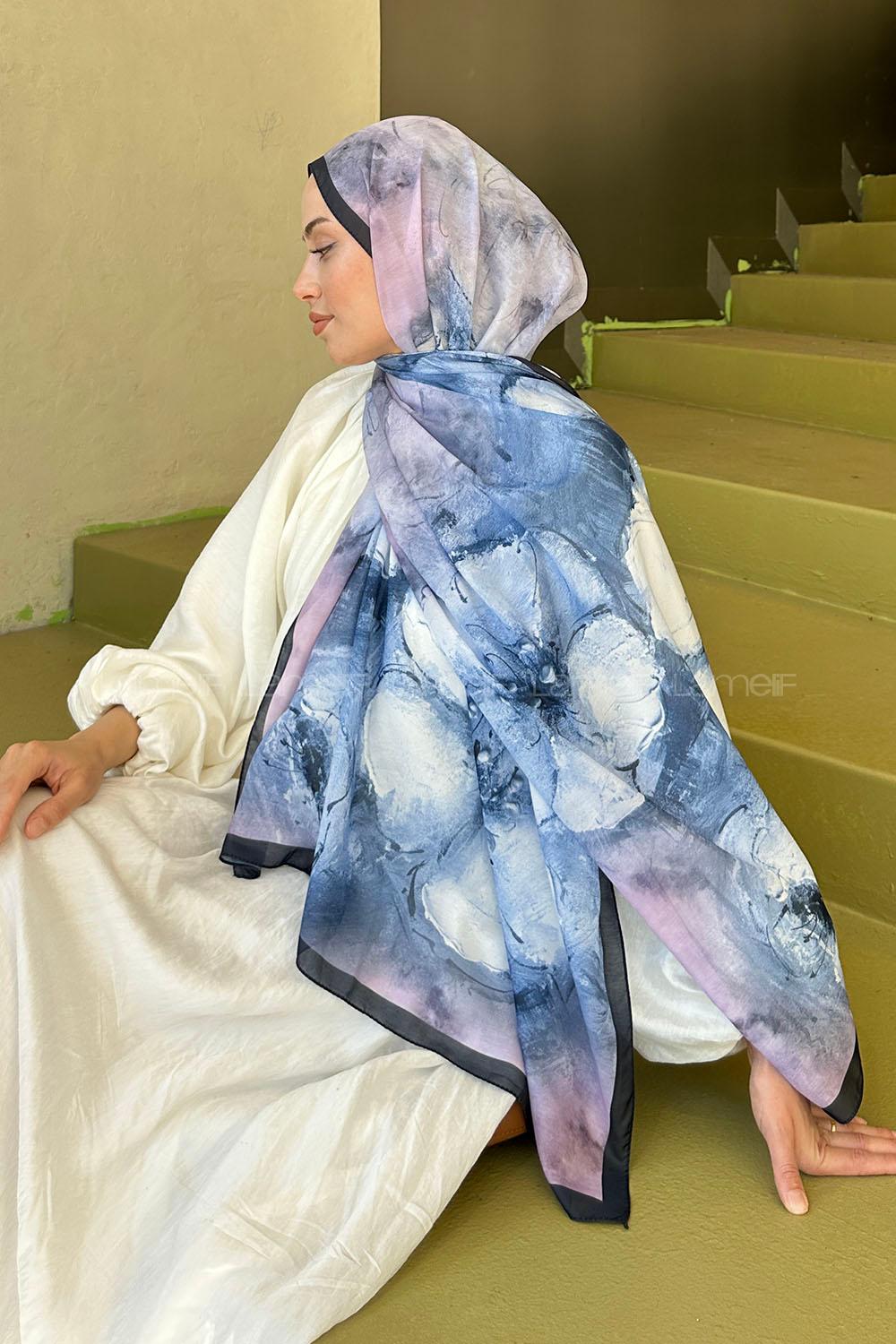 Lamelif Bohem Çiçek Desen Soft Şal Lacivert Şeker Pembe