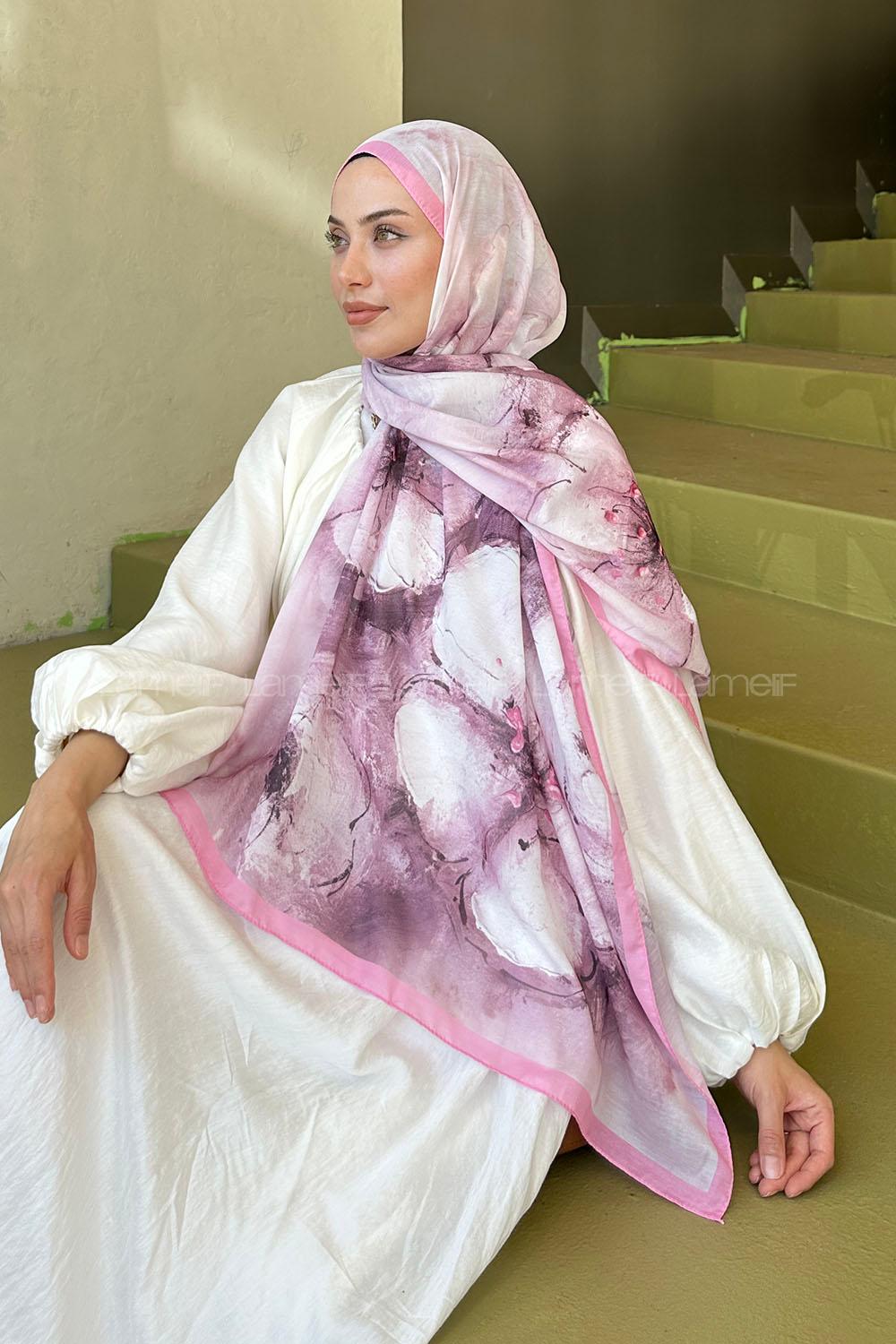 Lamelif Bohem Çiçek Desen Soft Şal Şeker Pembe