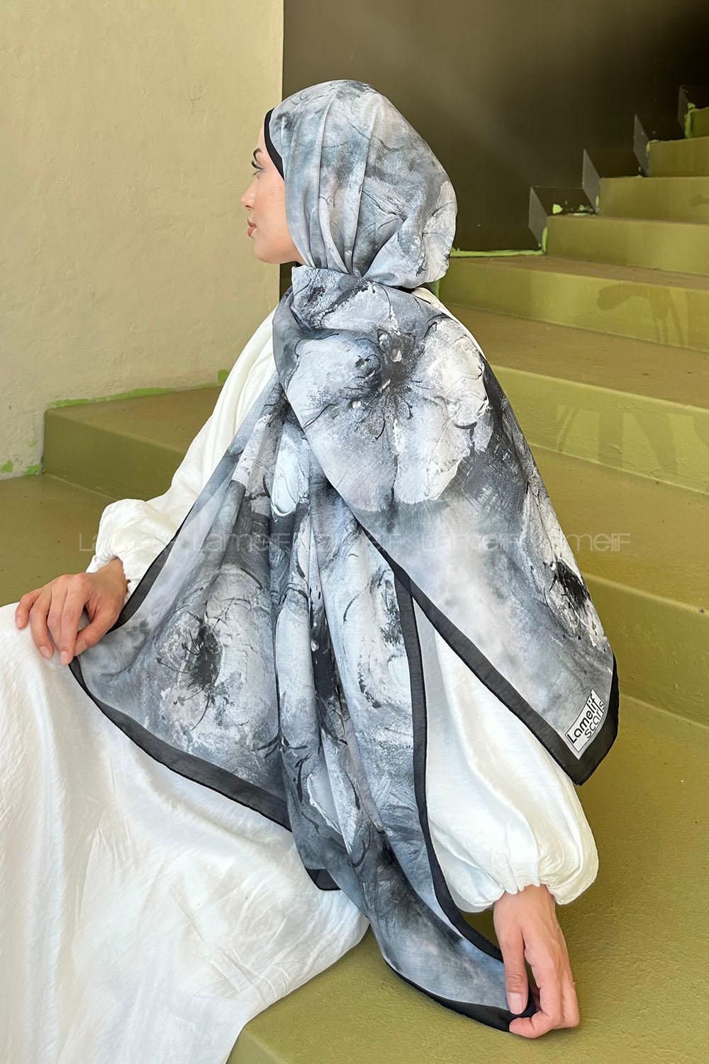 Lamelif Bohem Çiçek Desen Soft Şal Siyah