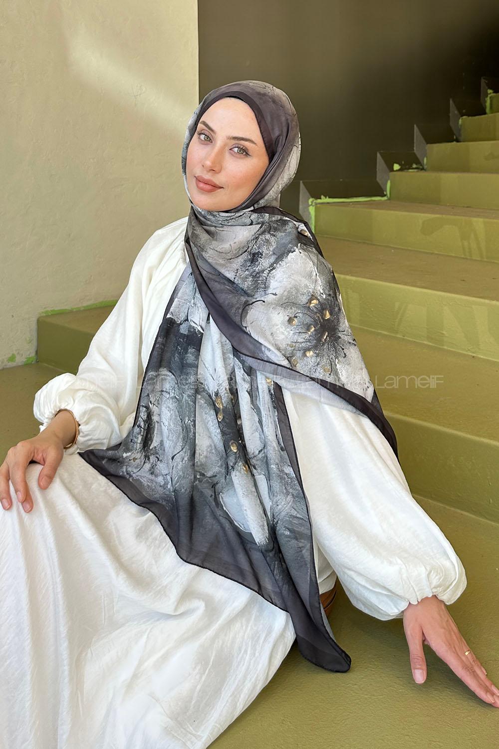 Lamelif Bohem Çiçek Desen Soft Şal Siyah Kahverengi