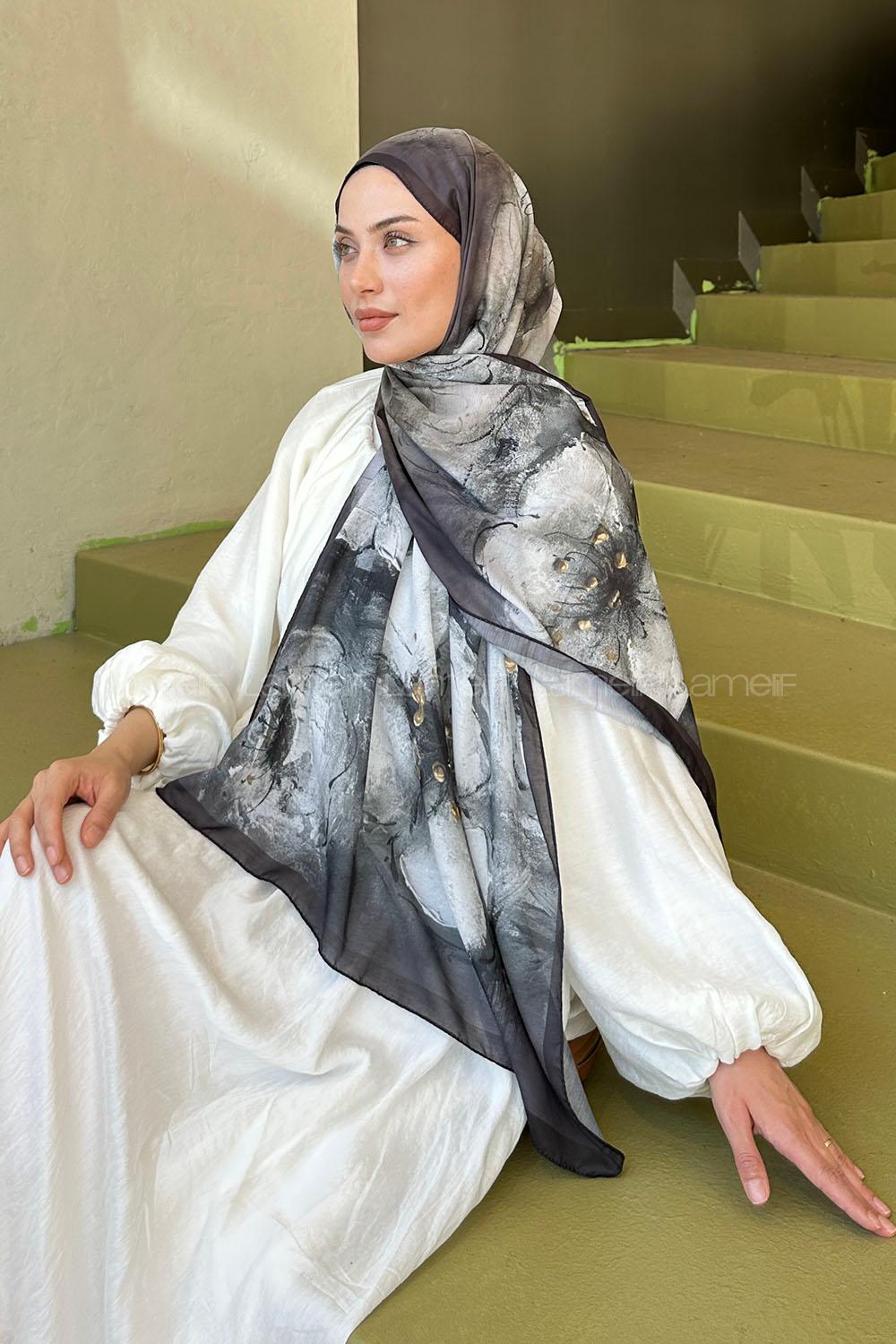 Lamelif Bohem Çiçek Desen Soft Şal Siyah Kahverengi