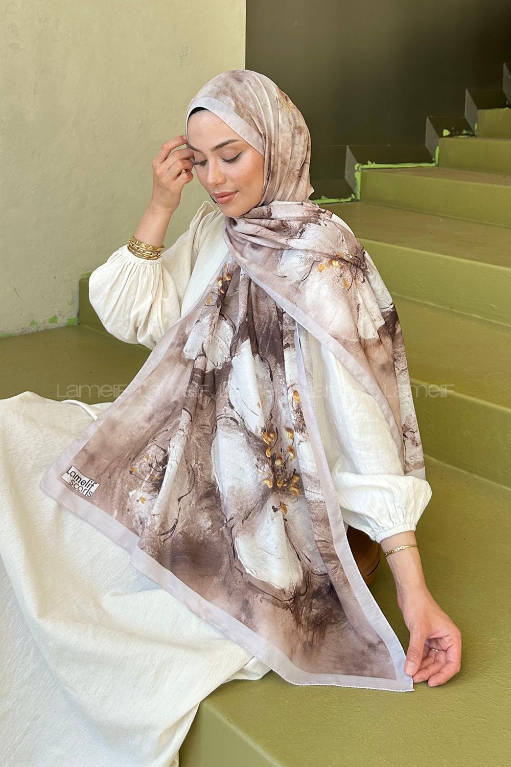 Lamelif Bohem Çiçek Desen Soft Şal Vizon