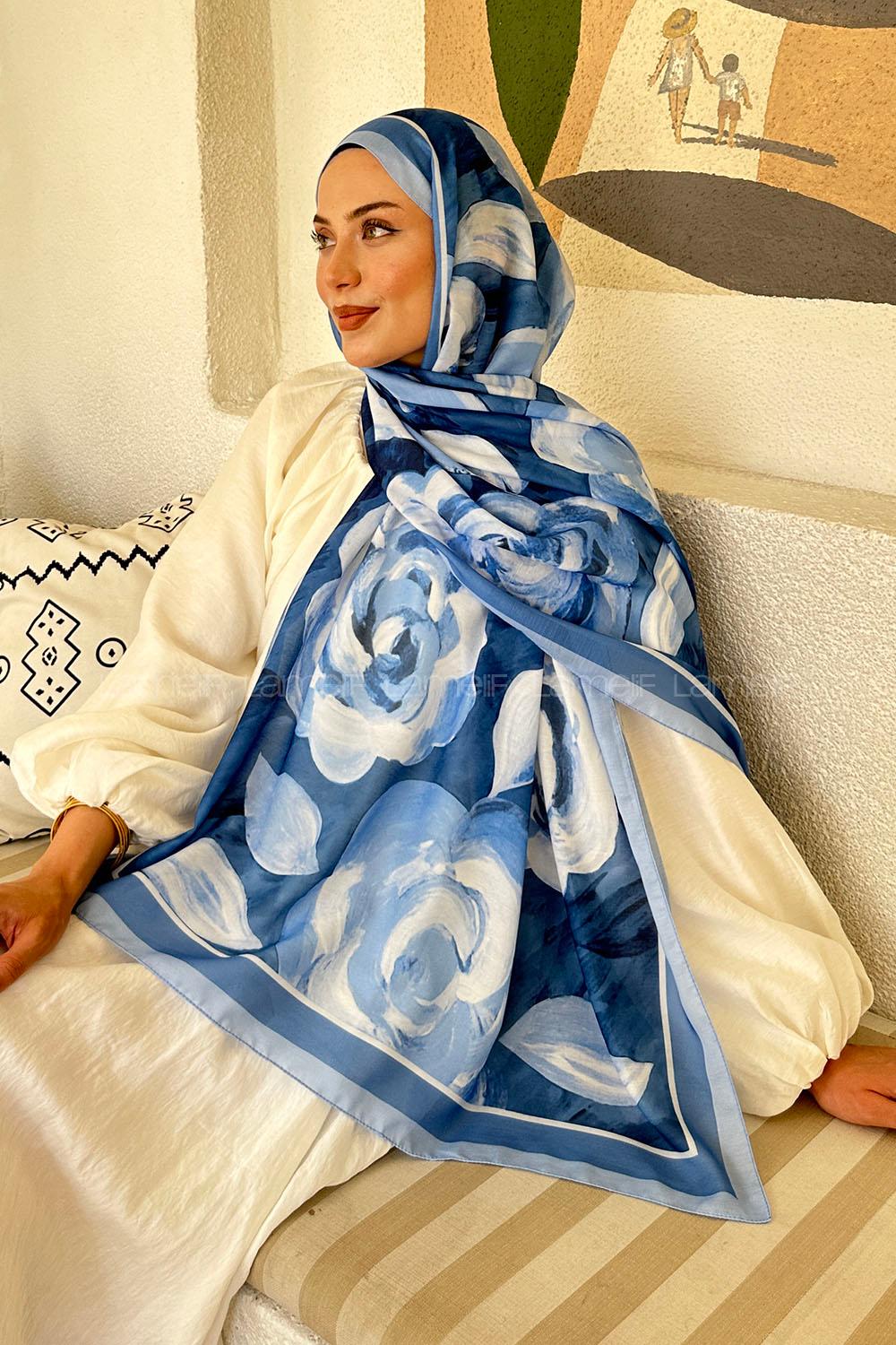 Lamelif Çiçek Desen Pamuk Şal Bebe Mavi