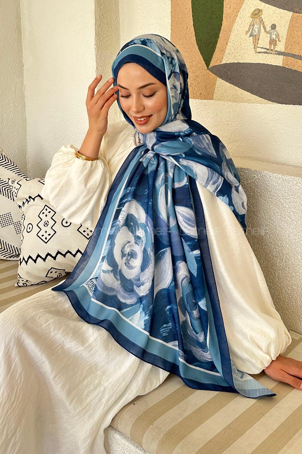 Lamelif Çiçek Desen Pamuk Şal Gece Mavisi