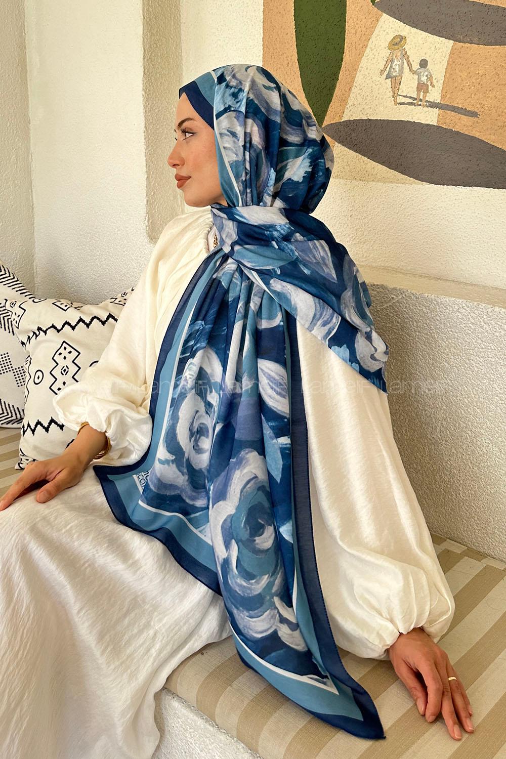 Lamelif Çiçek Desen Pamuk Şal Gece Mavisi