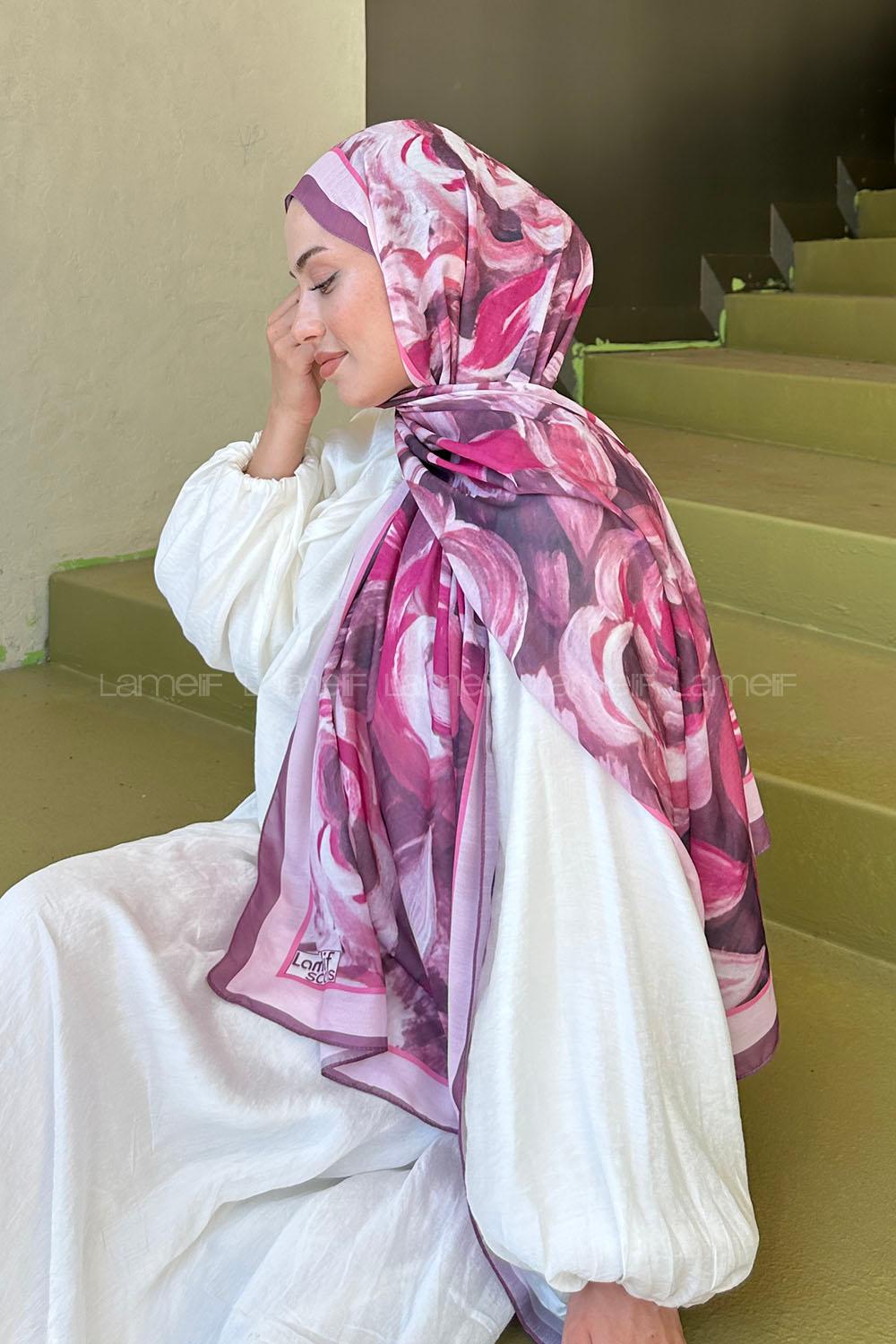 Lamelif Çiçek Desen Pamuk Şal Gül Kurusu