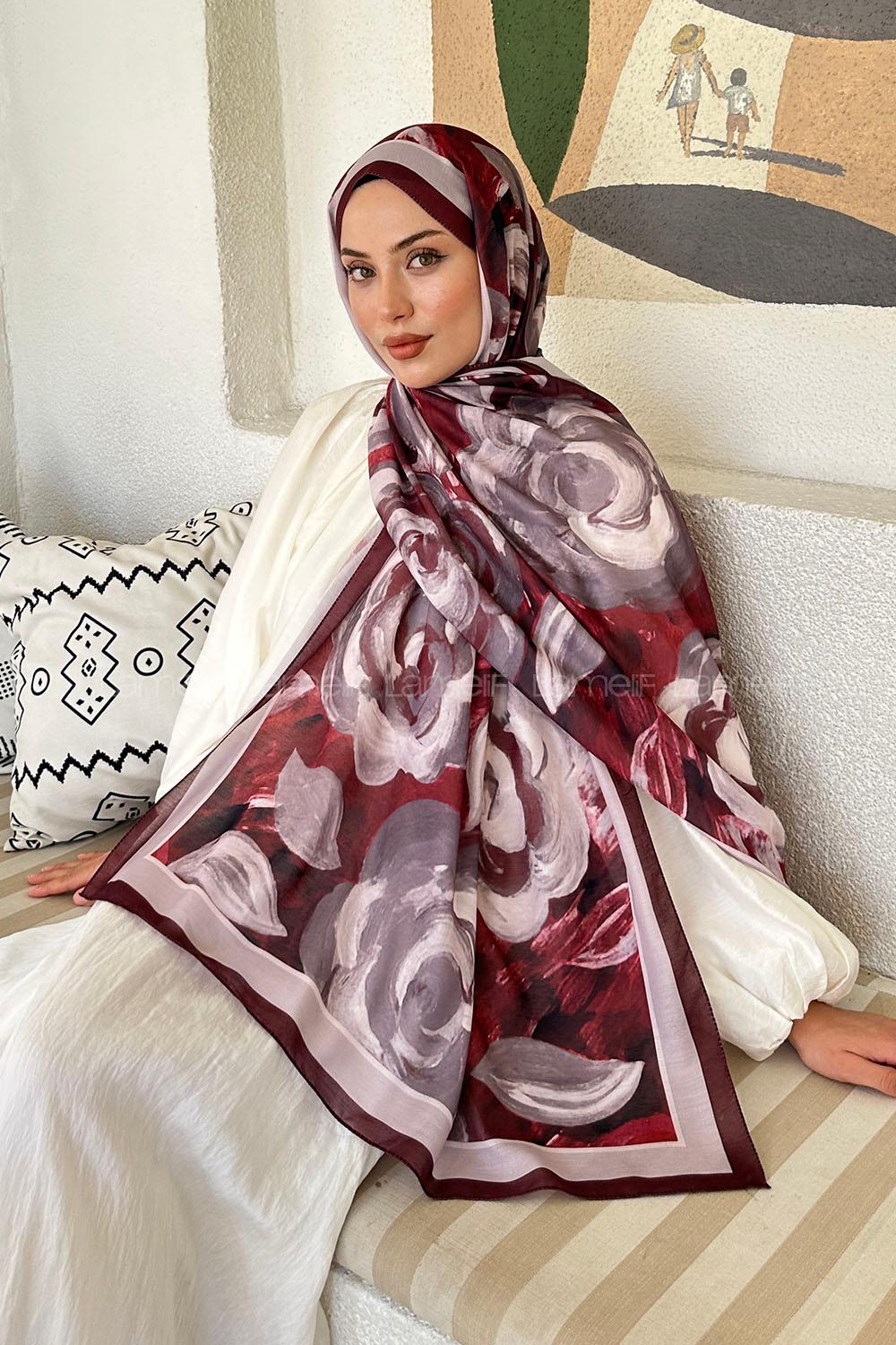 Lamelif Çiçek Desen Pamuk Şal Koyu Bordo