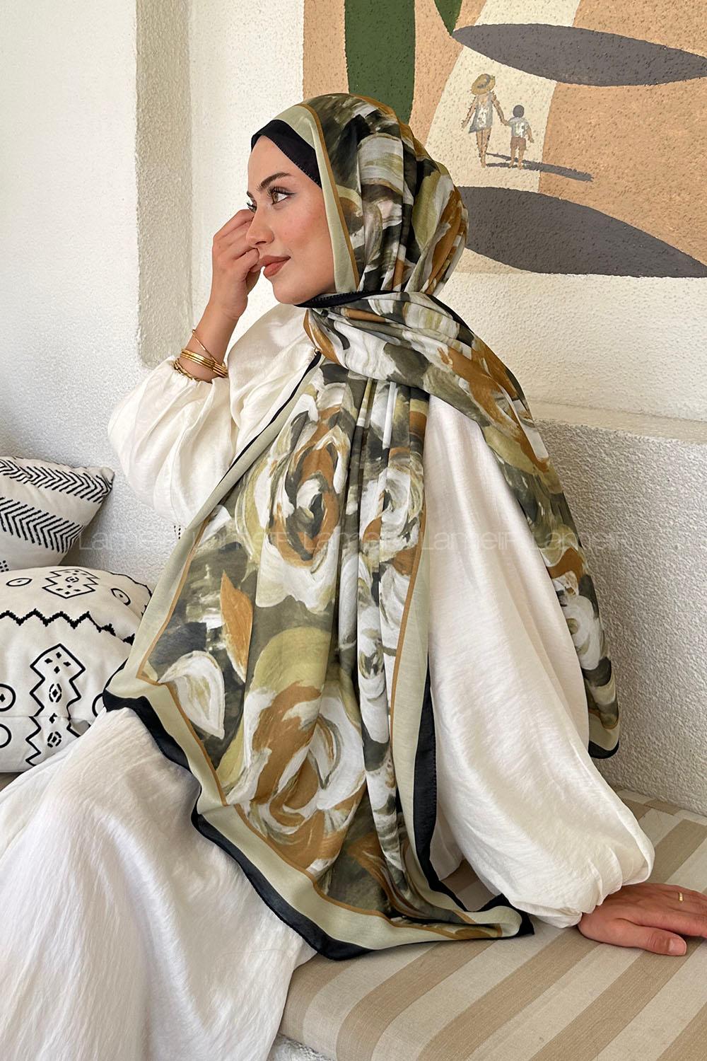 Lamelif Çiçek Desen Pamuk Şal Mint Yeşili