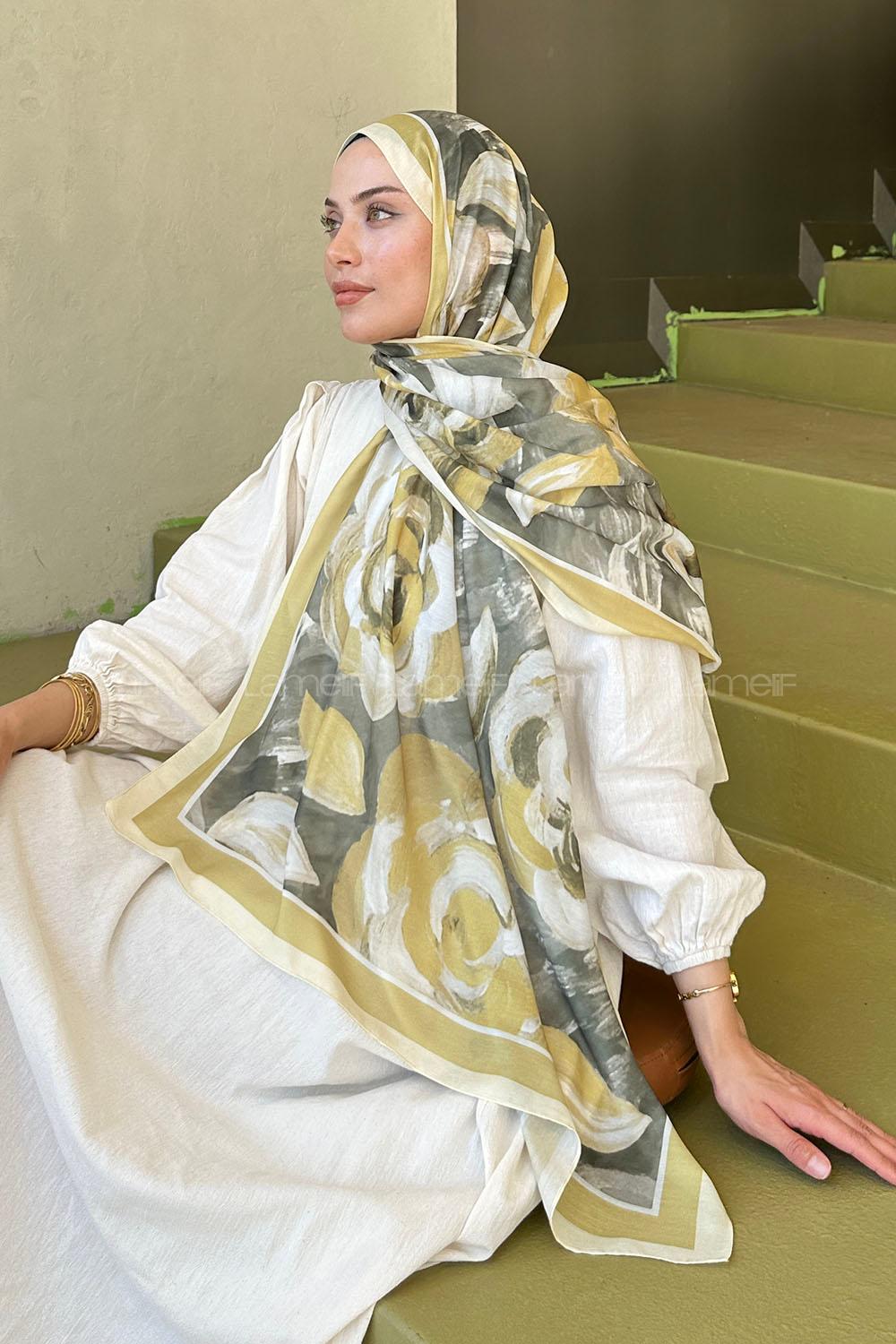 Lamelif Çiçek Desen Pamuk Şal Sarı